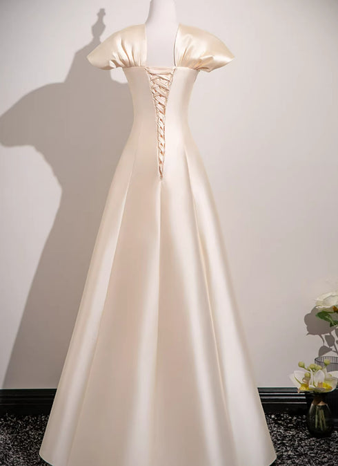 Elegant Champagne Satin Beaded A-Line Prom Dress, Cap Sleeves Evening Gown