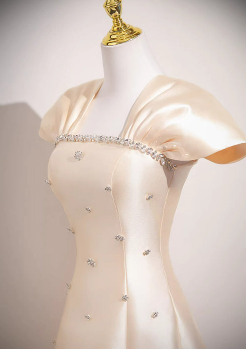 Elegant Champagne Satin Beaded A-Line Prom Dress, Cap Sleeves Evening Gown