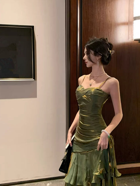 Green Chic Straps Long Prom Dress, Ruched Mermaid Green Evening Gown