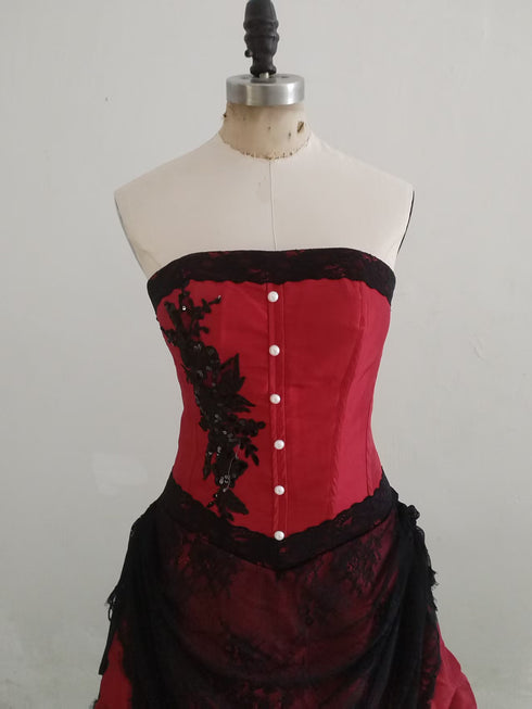 Strapless Red Corset Prom Dress with Black Lace, Gothic Long Formal Dress Evening Dress