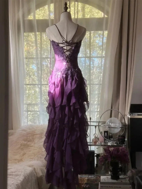 Dark Purple Ruffle Strapless Prom Gown , Gothic Dark Purple Formal Dress with Lace