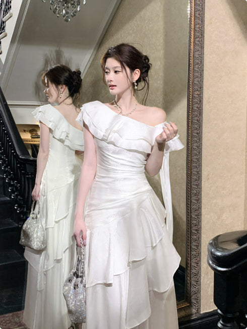 Elegant One Shoulder Ruffle White Sparkling Tiered Party Dress, White Satin Long Prom Dress