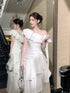 Elegant One Shoulder Ruffle White Sparkling Tiered Party Dress, White Satin Long Prom Dress
