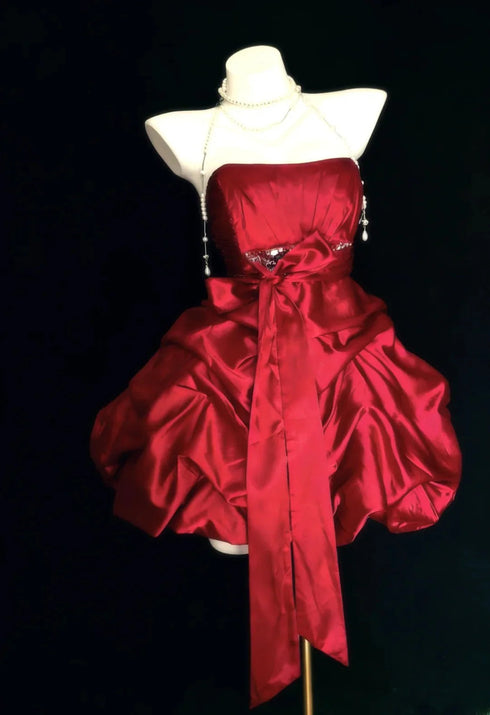 Strapless Wine Red Satin Cocktail Dress with Beadings, Sexy Mini Wine Red Homecoming Dress