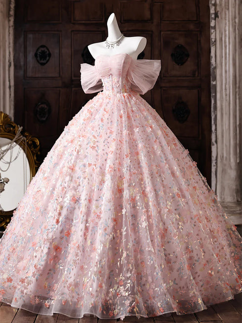 A-line Floral Lace Pink Sweetheart Prom Dress, Elegant Pink Floor Length Party Dress