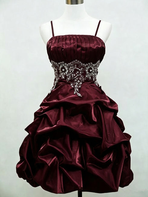 Wine Red Spaghetti Strap Evening Dress, Wine Red Lace Waist Ruched Homecoming Dress