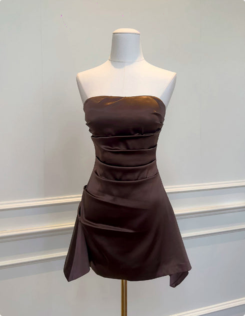 Dark Brown Satin Ruched Spaghetti Strap Mini Dress, Elegant Backless Bodycon Party Cocktail Dress