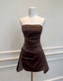 Dark Brown Satin Ruched Spaghetti Strap Mini Dress, Elegant Backless Bodycon Party Cocktail Dress