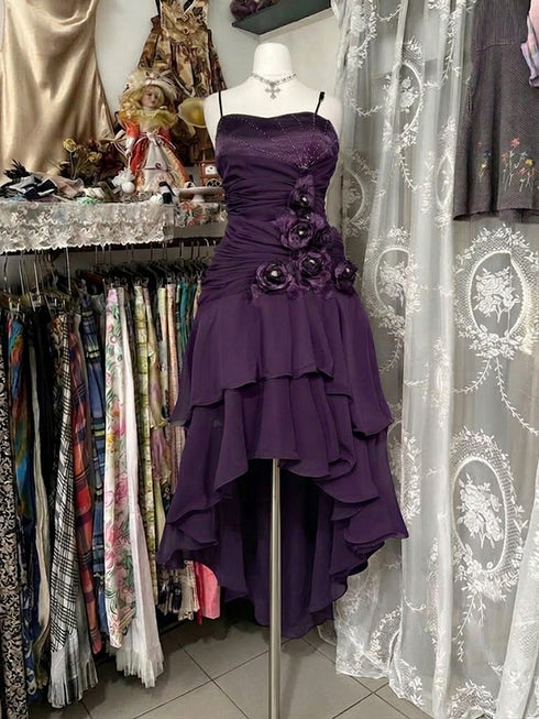A-line Purple High Low Satin and Chiffon Party Dress, Purple Beaded Straps Homecoming Dress