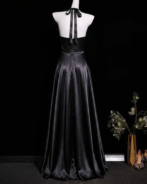 Black A-line Satin Halter Ruffle Maxi Prom Dress, Black V-neckline Evening Gown with Ruffle
