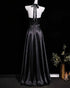 Black A-line Satin Halter Ruffle Maxi Prom Dress, Black V-neckline Evening Gown with Ruffle