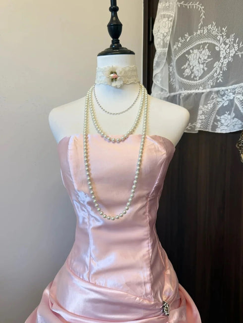 Pink Strapless Satin Ruched Mini Homecoming Dress, Cute Pink Short Party Dress Formal Dress