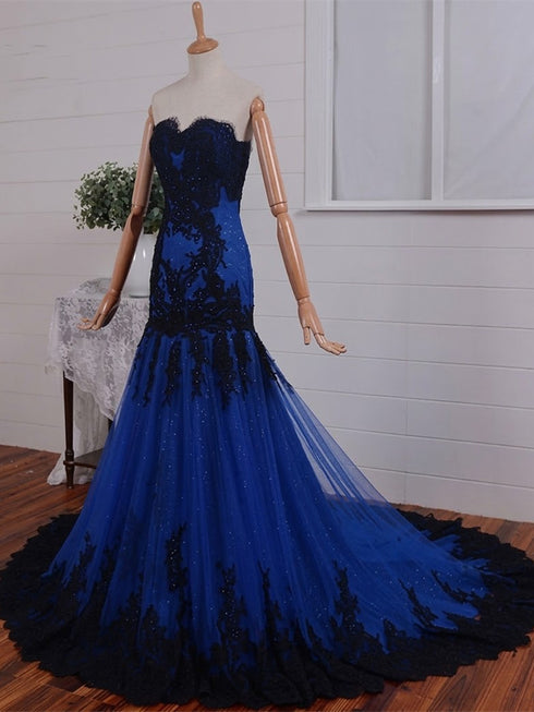 Royal Blue Mermaid Strapless with Black Lace Prom Dress, Black and Blue Gothic Formal Dress