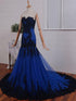 Royal Blue Mermaid Strapless with Black Lace Prom Dress, Black and Blue Gothic Formal Dress