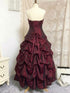 Wine Red Taffeta Beaded Strapless Ruched Prom Dress, Wine Red Sweetheart Long Ball Gown Evening Dress