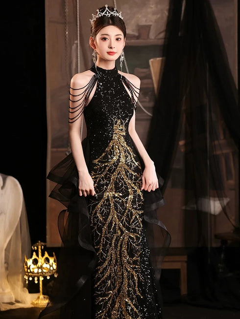 Black Sequines High Neck Formal Evening Gown with Tulle, Tiered Ruffle Tulle Black Prom Dress