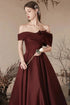 Lovely Burgundy Satin Off Shoulder Party Dress, Satin Simple Long Prom Dress