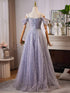 A-line Sliver Grey Beaded Shiny Tulle Long Formal Dress, Sweetheart Tulle Prom Dress