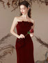 Wine Red Mermaid Velvet Long Party Dress, Wine Red Strapless Long Prom Dress