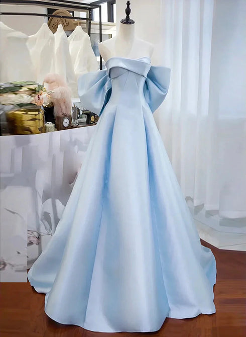 Light Blue Satin Sweetheart Off Shoulder Prom Dress, Light Blue Evening Dress