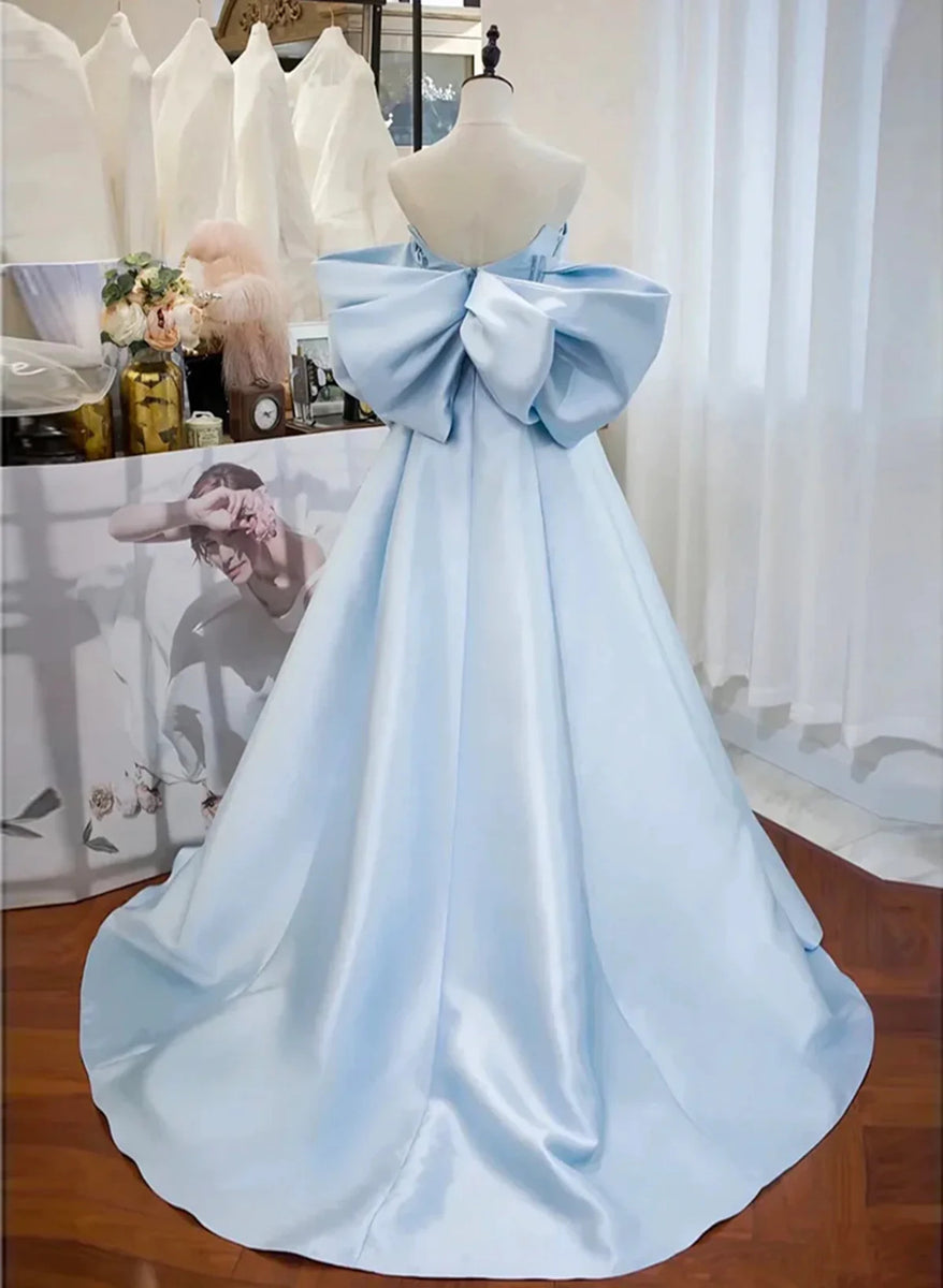 Light Blue Satin Sweetheart Off Shoulder Prom Dress, Light Blue Evenin