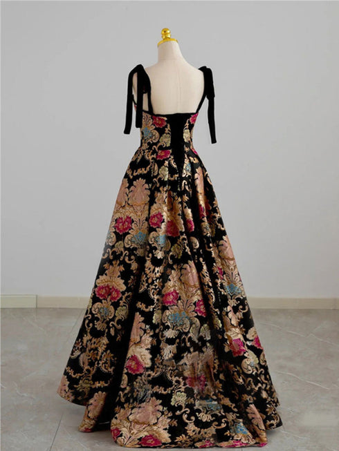 Chic A-Line Black Straps Floral Satin Party Dress, Black Prom Dress Evening Dress