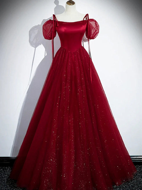 Lovely Wine Red Tulle And Sequins A-Line Prom Dress, Wine Red Tulle Evening Dress