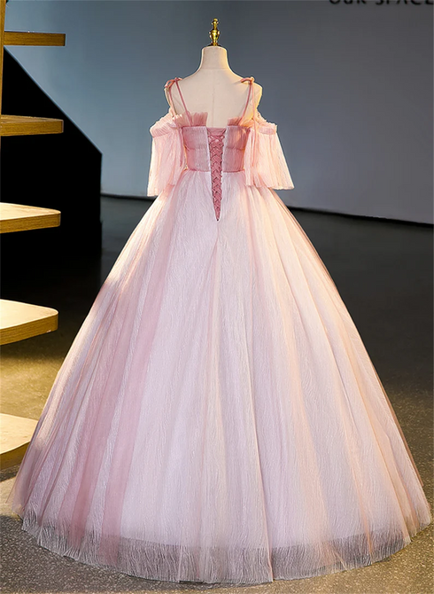 Pink Off Shoulder Tulle with Beadings Long Party Dress, A-line Pink Prom Dress