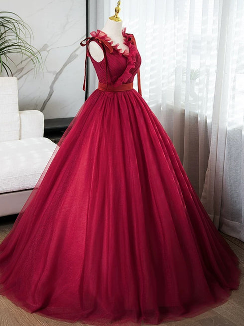 Wine Red Tulle V-neckline Straps Floor Length Party Dress, Wine Red Prom Dress
