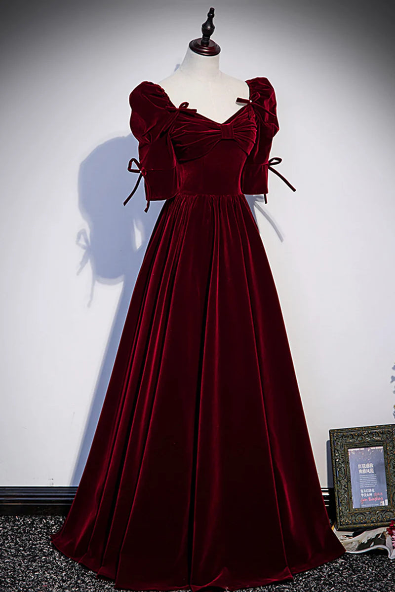 Wine Red Velvet Long Sleeves See Through Formal Prom Dress, Wine Red Wedding Party Dress