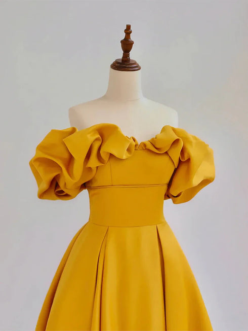 A-line Yellow Satin Sweetheart Off Shoulder Party Dress, Yellow Prom Dress