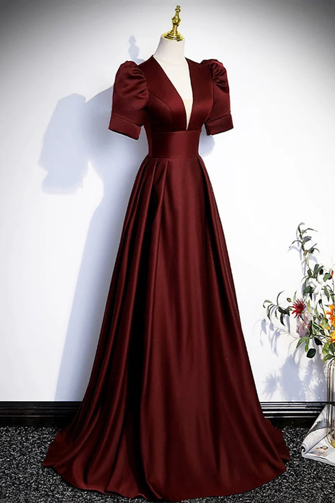 A-line Short Sleeves V-neckline Satin Prom Dress, Long Evening Dress Party Dress