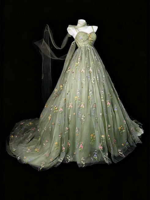 Green Sweetheart Floral Tulle Straps Long Evening Dress, Green Floral A-line Prom Dress