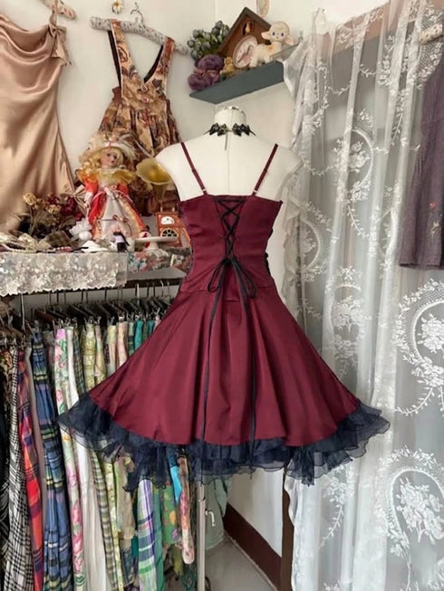 Gothic Wine red and Black Layered Ruffled Hem Homecoming Dress, Spaghetti Strap Short Party Dress