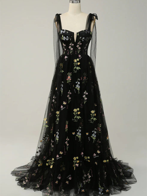 Black Floral Tulle Straps A-Line Long Party Dress, Black Tulle Prom Dress Evening Dress