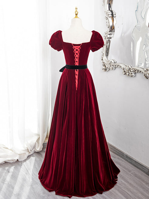 Lovely Wine Red Velvet Short Sleeves Formal Dress, Wine Red Velvet Prom Dress