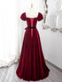 Lovely Wine Red Velvet Short Sleeves Formal Dress, Wine Red Velvet Prom Dress