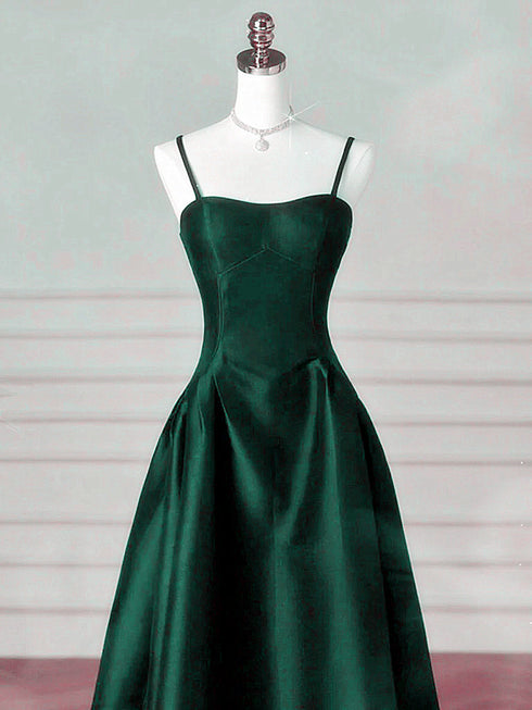 A-line Dark Green Satin Straps Long Party Dress, Green Satin Prom Dress