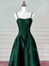 A-line Dark Green Satin Straps Long Party Dress, Green Satin Prom Dress