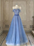 A-line Blue Tulle Long Party Dress Formal Dress, Blue Tulle Floor Length Prom Dress