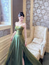 Green Straps A-line Satin Long Party Dress with Leg Slit, Green Satin Scoop Evening Dress