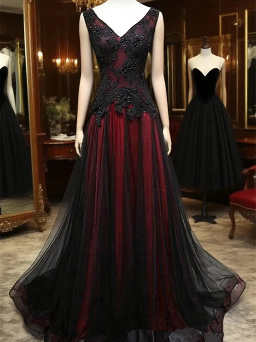 Black and Red V-Neck Lace Long Prom Dress, Beautiful A-Line Evening Party Dress US 14 / Black and Red