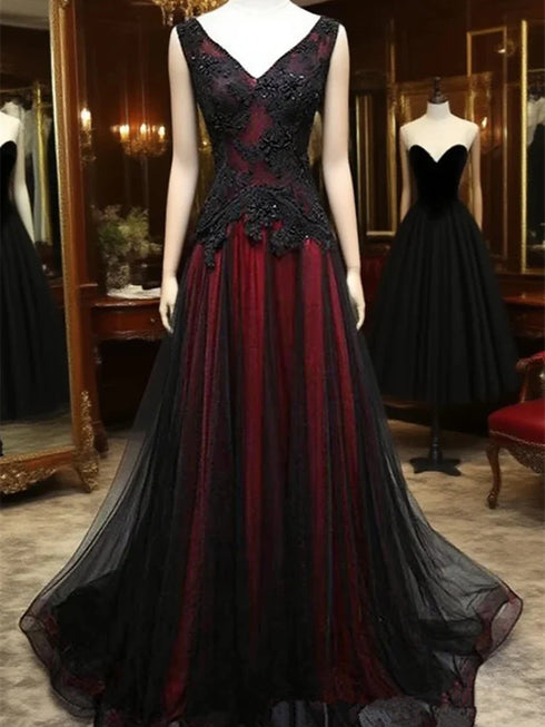 A-line Black and Red Tulle with Lace Applique Prom Dress, Black and Red Long Party Dress