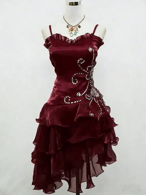 Wine Organza Beaded Straps Short Party Dress, Black Organza High Low Homecoming Dress