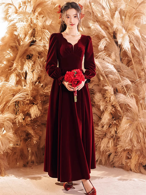 Wine Red Velvet Long Sleeves V-neckline Party Dress, Wine Red Velvet Prom Dress