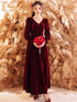 Wine Red Velvet Long Sleeves V-neckline Party Dress, Wine Red Velvet Prom Dress