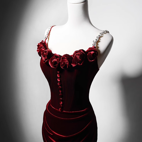 Wine Red Mermaid Straps Beaded Long Formal Dress, Wine Red Evening Dress Prom Dress