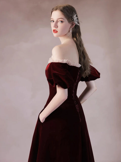 Wine Red Velvet Long A-line Off Shoulder Prom Dress, Wine Red Evening Dress