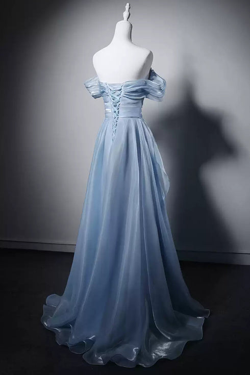 Light Blue Beaded A-line Strapless Long Formal Dress, Light Blue Long Prom Dress Evening Gown