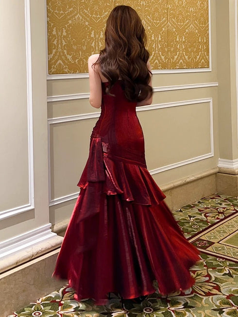 Wine Red Sweetheart Mermaid Straps Satin Party Dress, Wine Red Satin Prom Dress